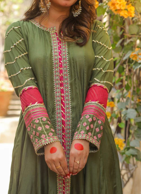 Green and pink heavy gota work front slit anarkali kurta and dupatta set