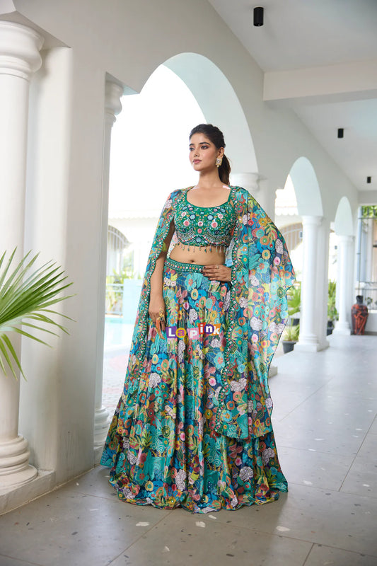 Floral Aqua blue crop top skirt and cape set indo western