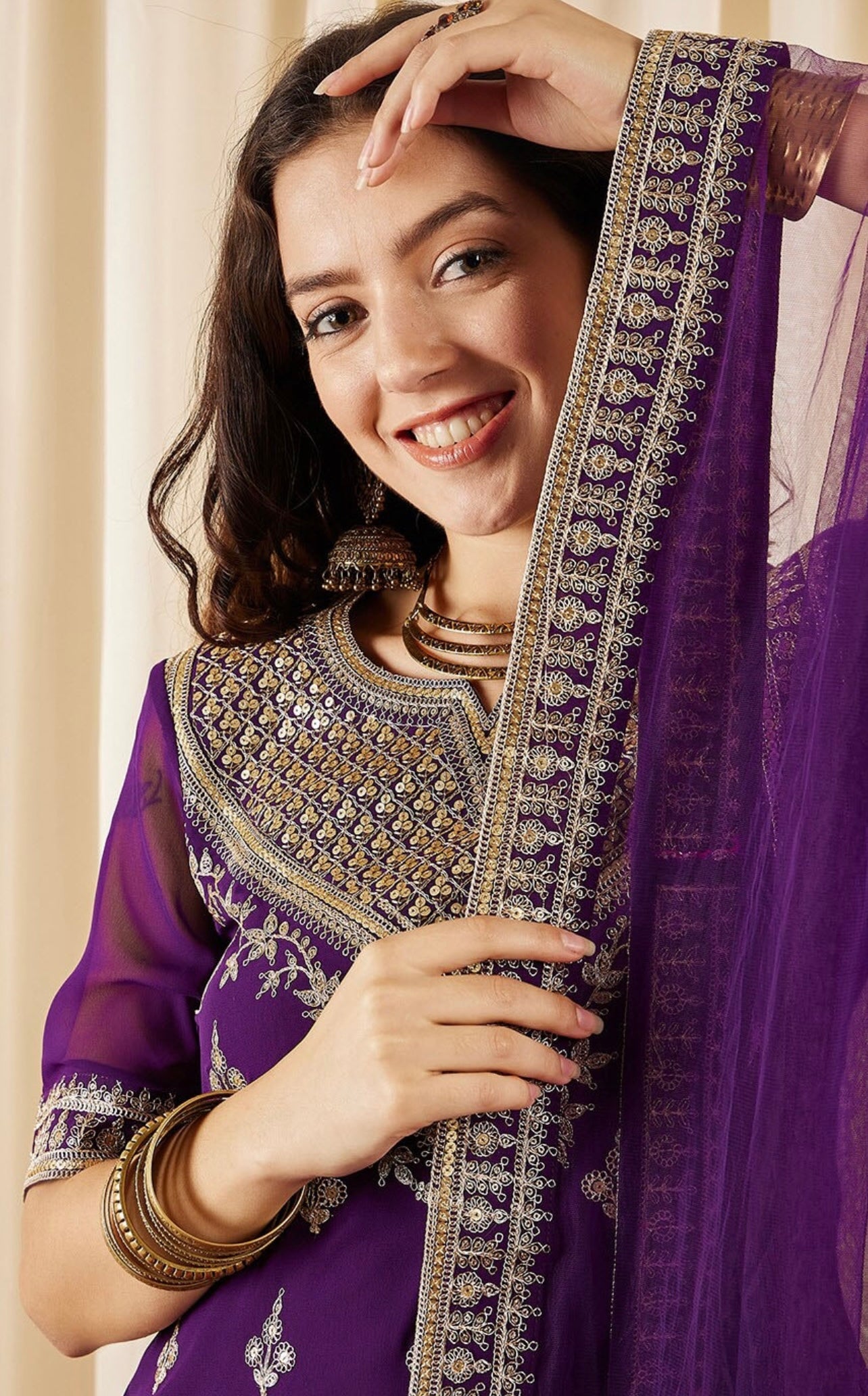 Purple beautiful sequence and zari work sharara suit