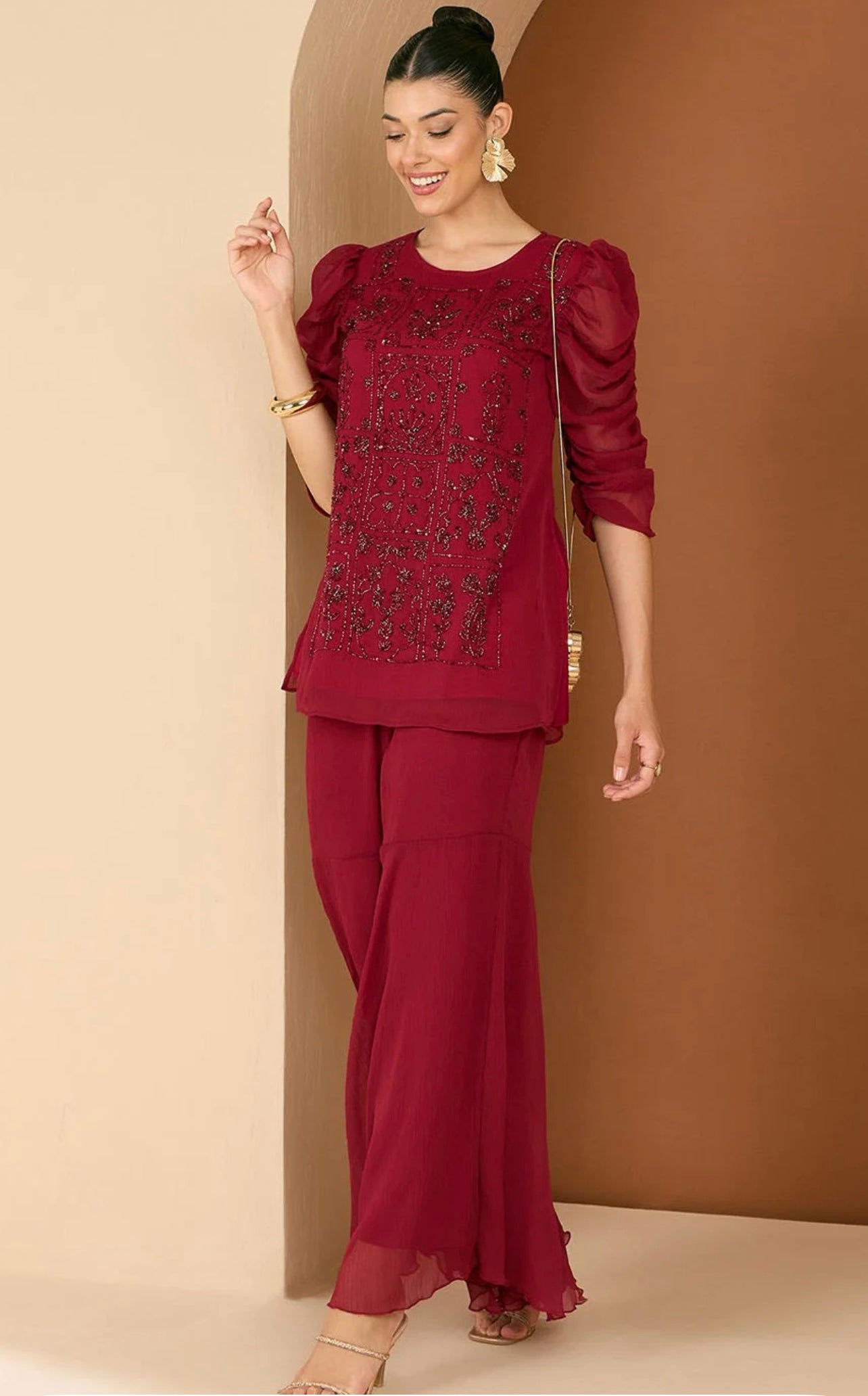 Maroon heavy handwork chiffon sharara co-ord set ( No dupatta)