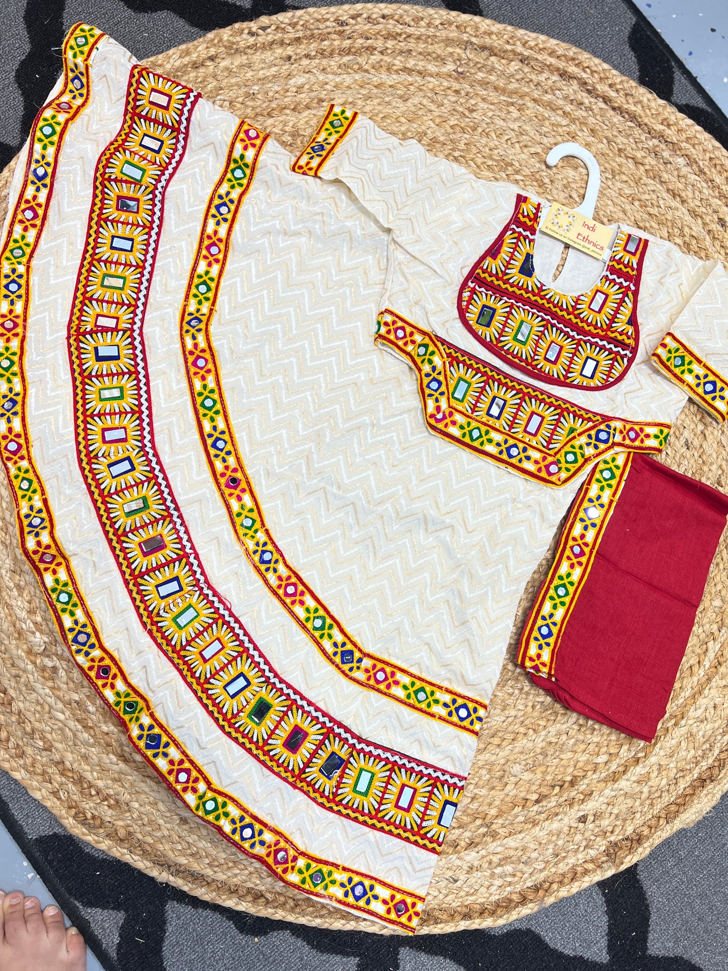 Off White and red real mirror work lehenga choli dupatta