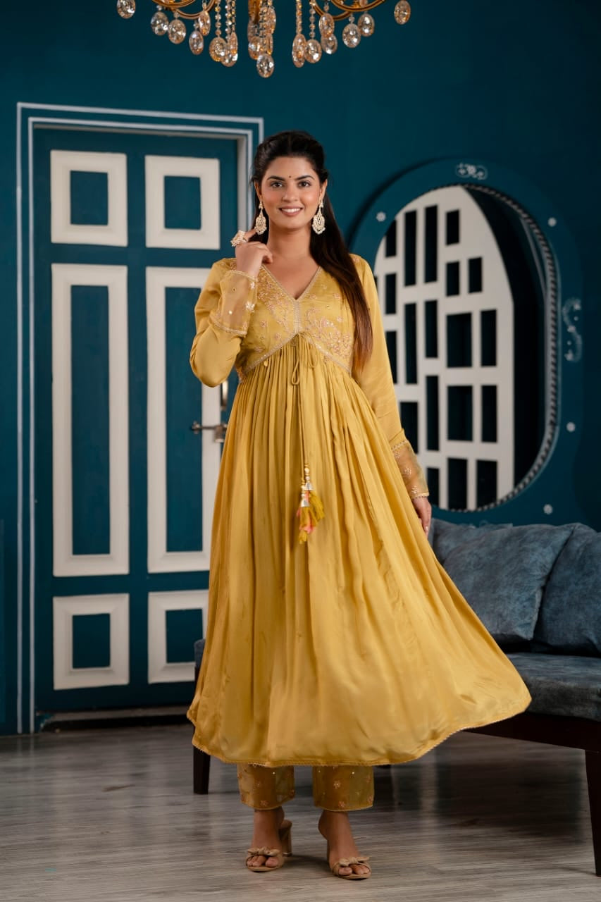 Yellow zari and sequin work alia cut kurta set