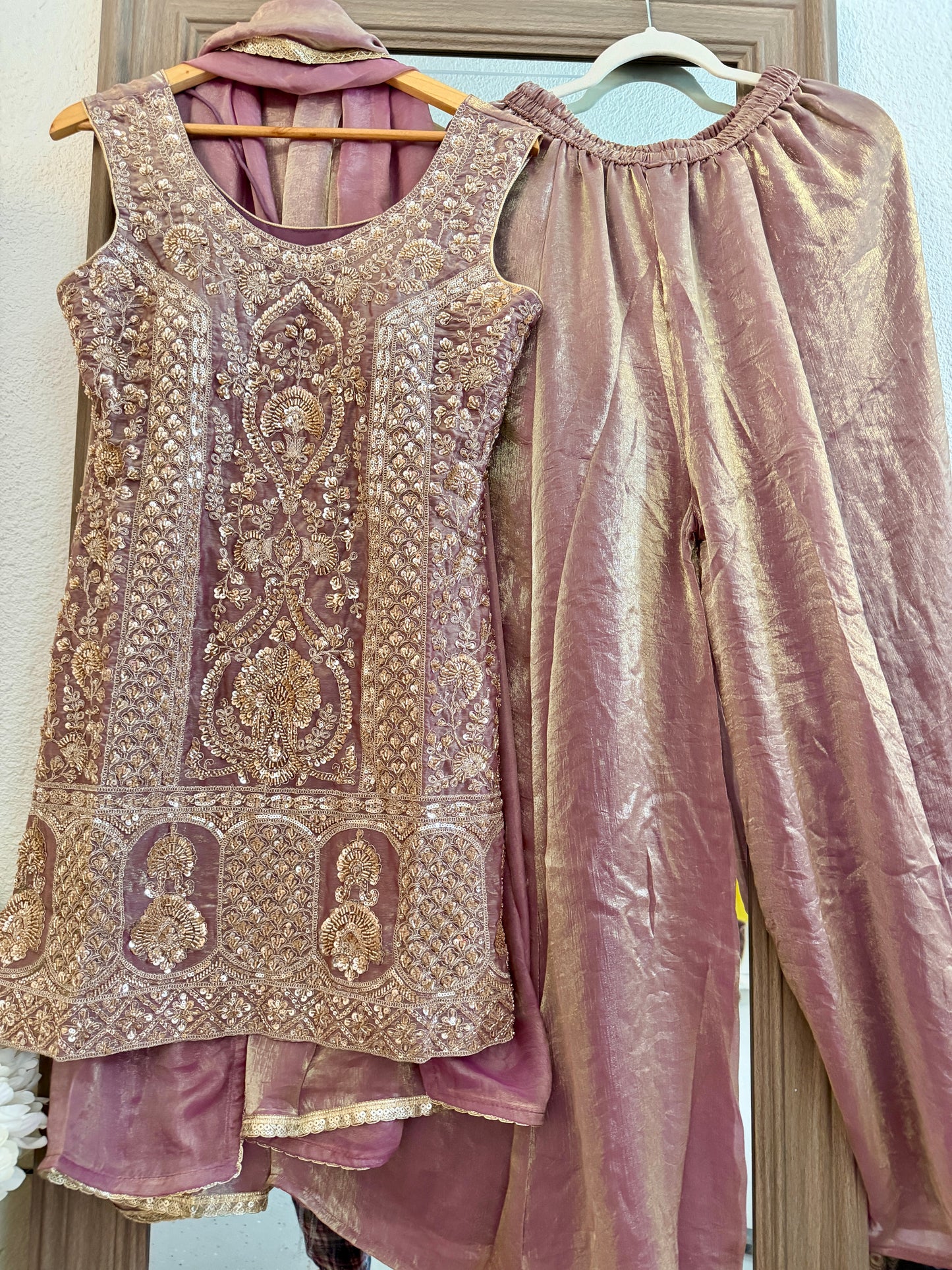 Purple heavy handwork partywear sharara suit (sleeve cloth given)