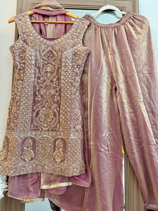 Purple heavy handwork partywear sharara suit (sleeve cloth given)