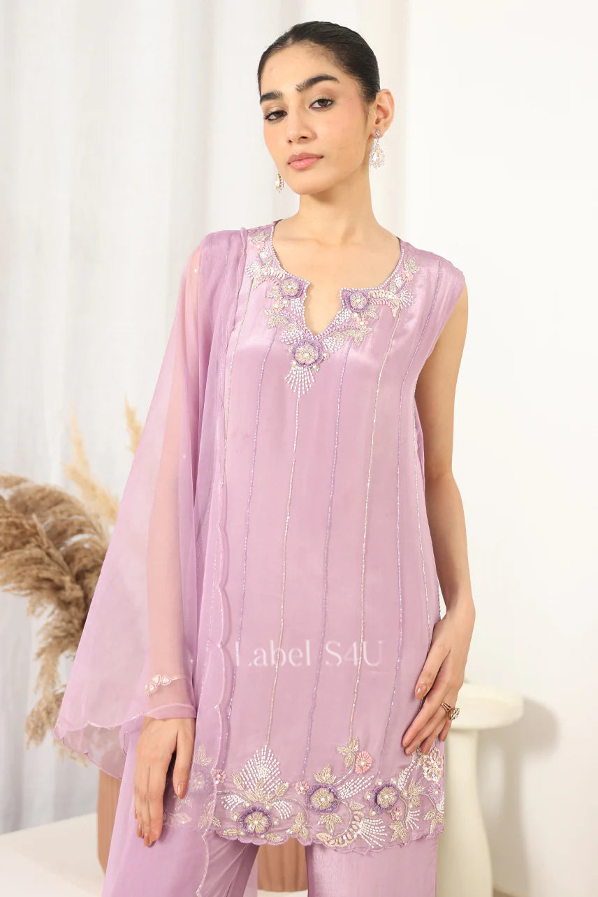 Lavender pure crepe stylish handwork palazzo suit sleeveless