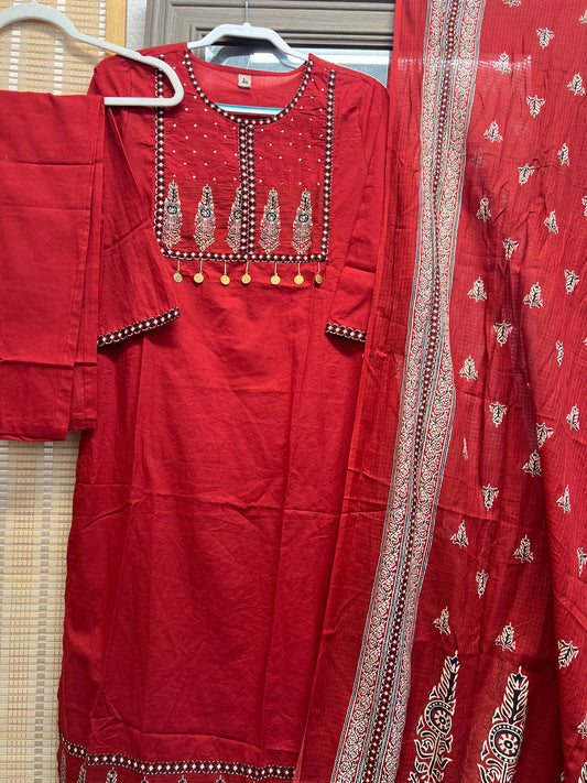 Dark Red pure cotton kurta set with