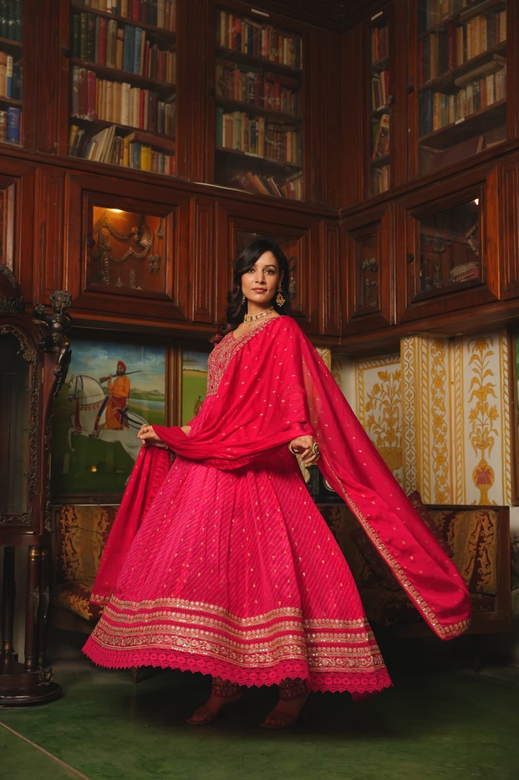 Hot pink premium chinnon silk anarkali suit with heavy work