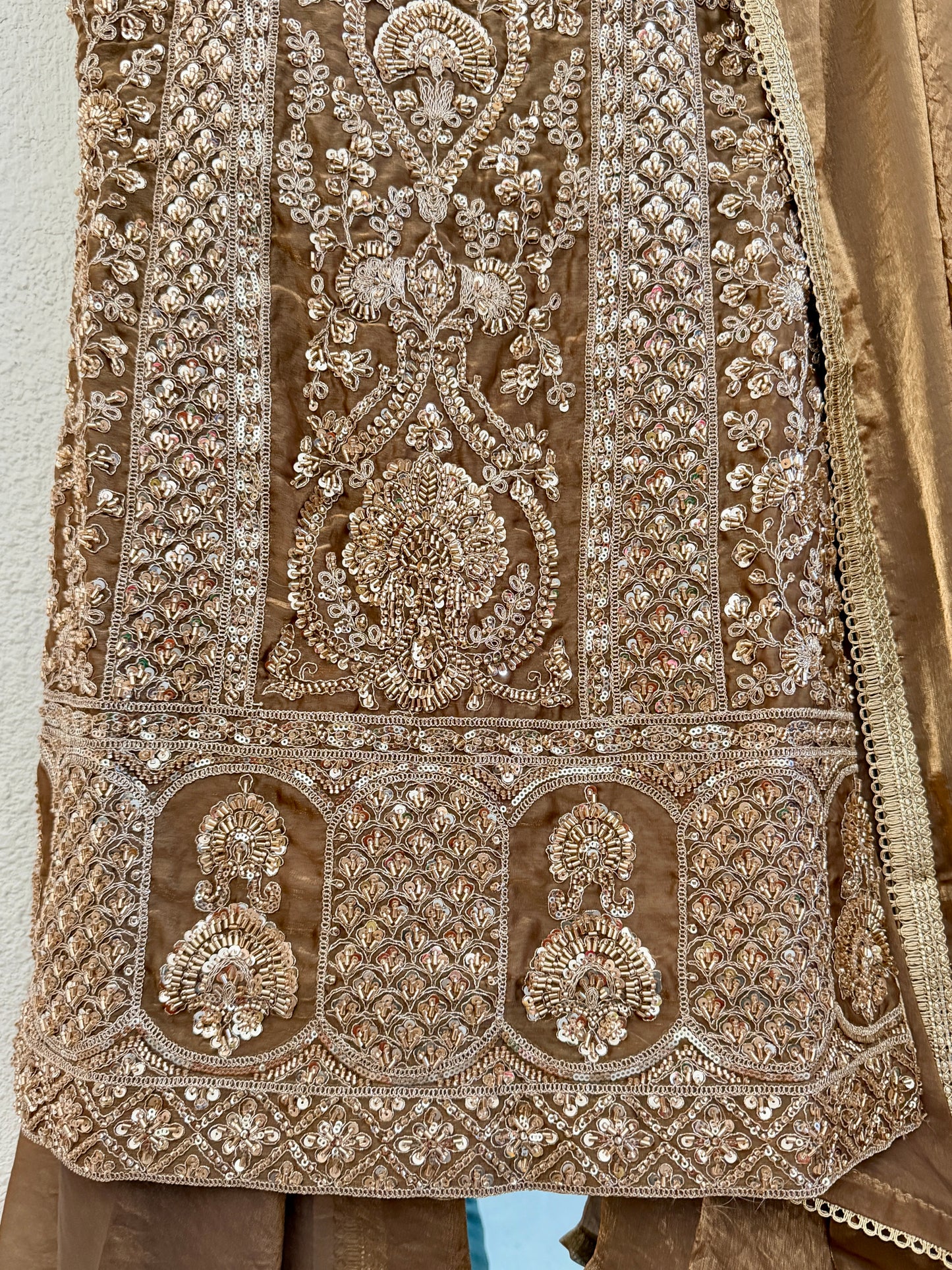 Brown heavy handwork fendy silk sharara suit