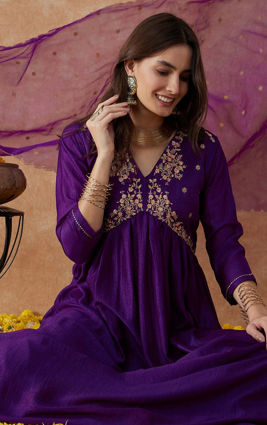 Purple embroidered alia cut kurta set