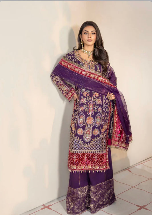Purple heavy handwork wedding wear sharara suit