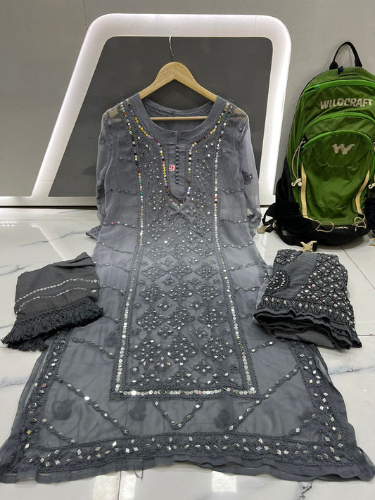 Grey Lucknowi Ombre Mirror kurta set