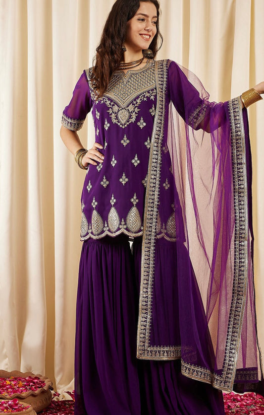 Purple beautiful sequence and zari work sharara suit