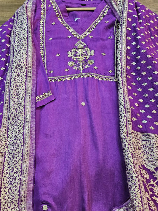 Purple handwork yoke suit with banarasi dupatta