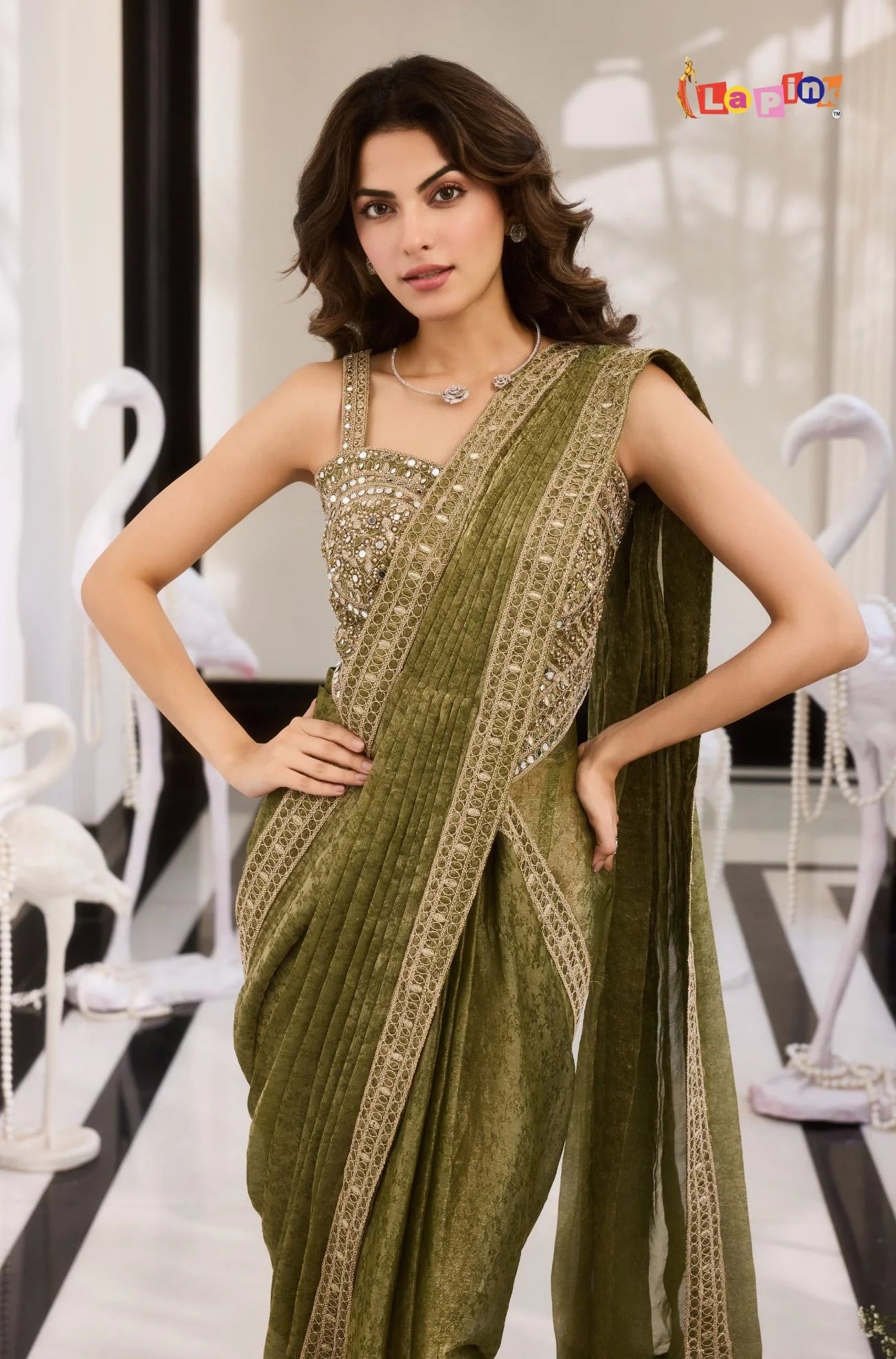 Green classy pre-draped saree
