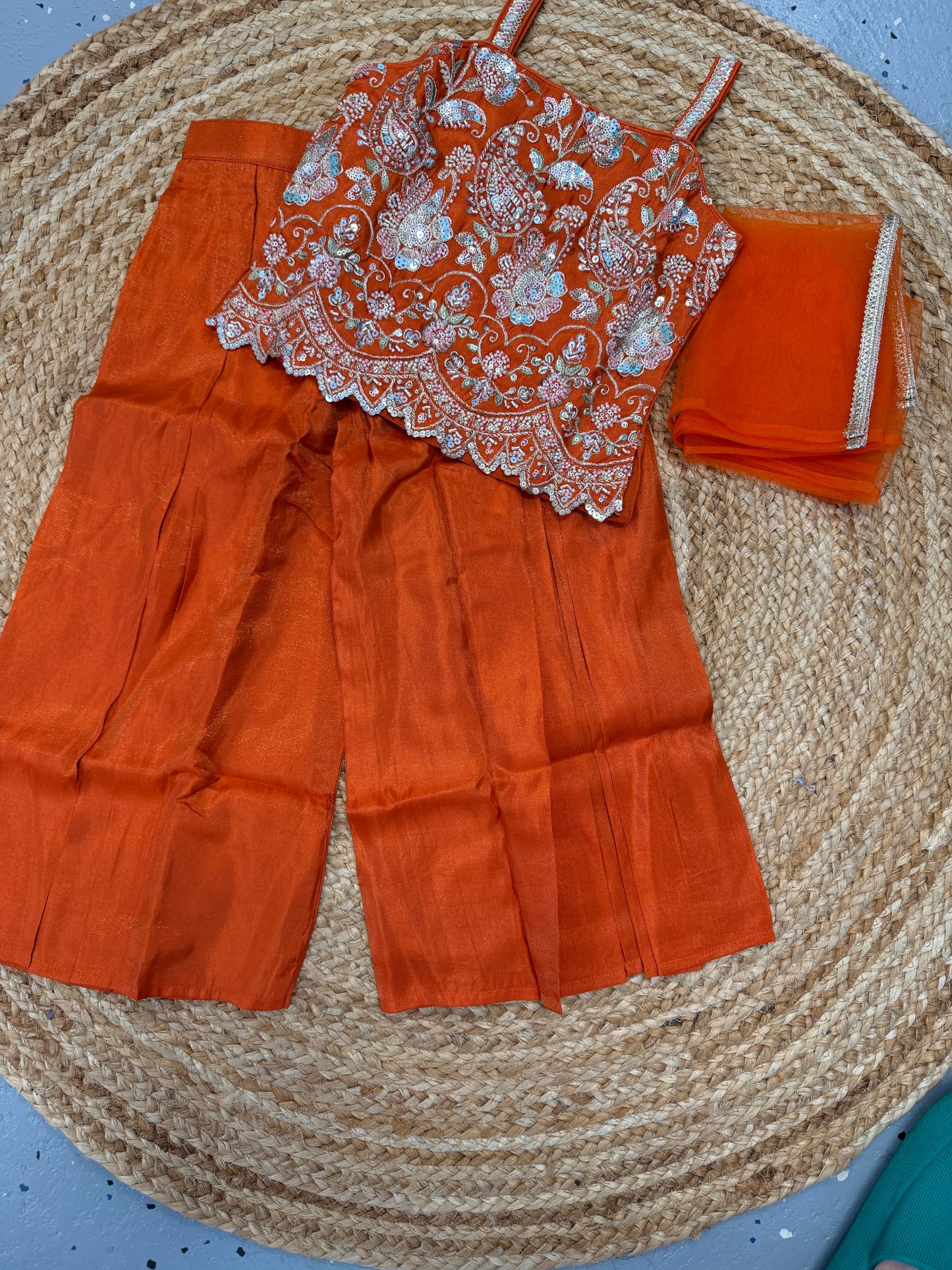 Kids girls burnt orange handwork short top palazzo dupatta