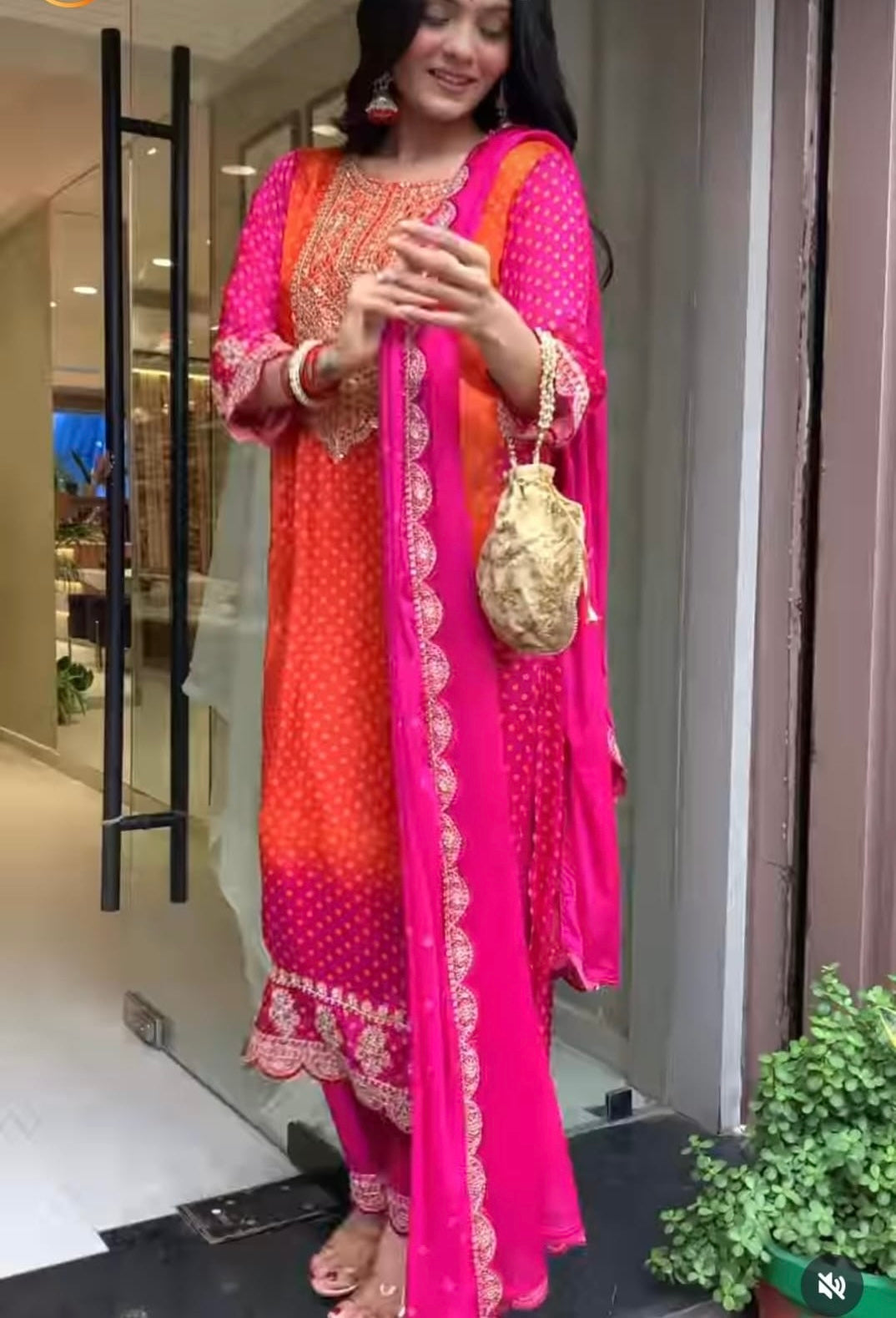 Hot pink and orange mirror yoke festive wear suit