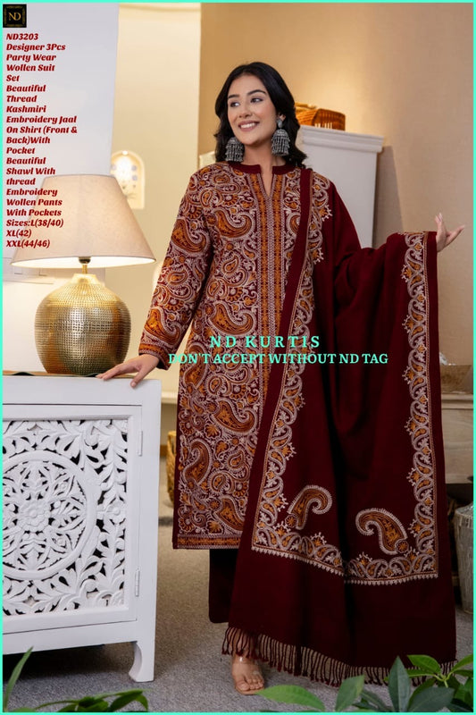 Winter woolen suit with heavy kashmiri work and shawl