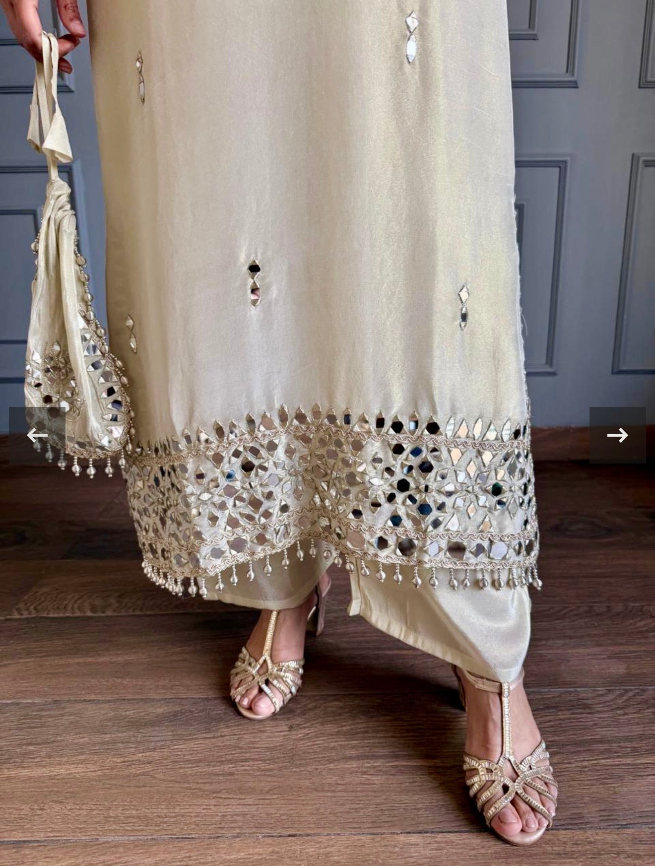 White heavy real mirror work long co-ord set with potli bag