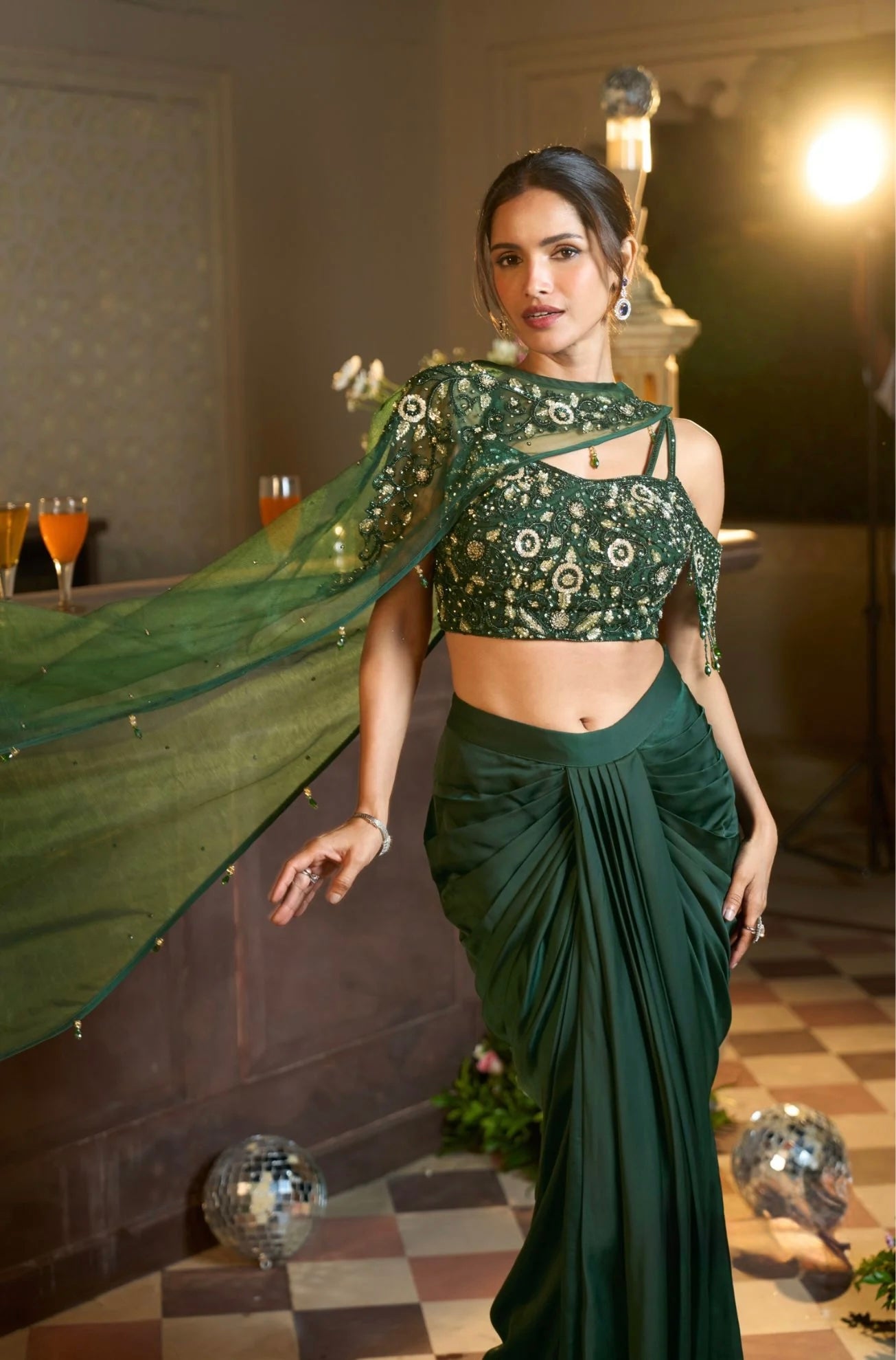 Green heavy handwork indowestern with drape skirt