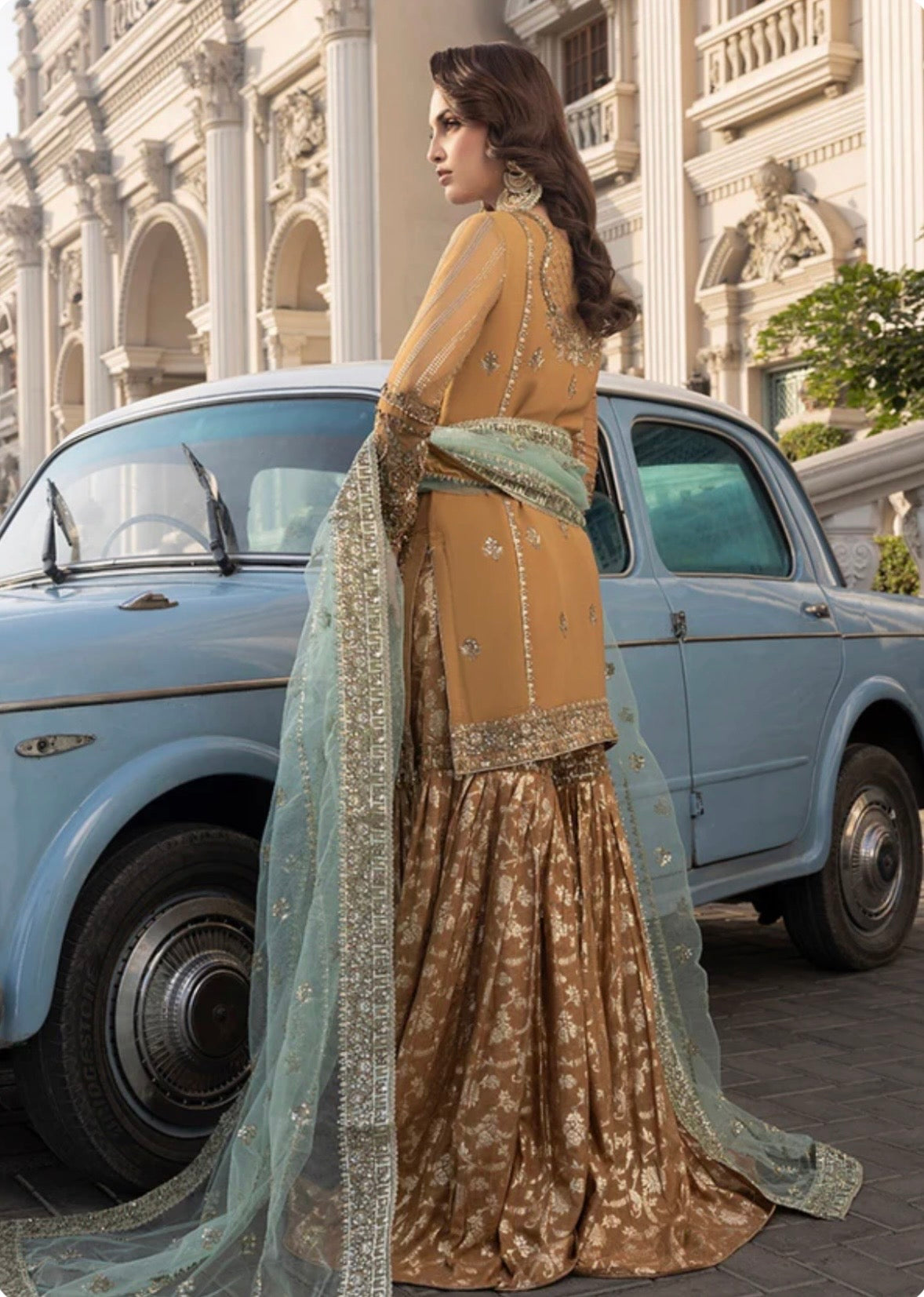 Gold heavy work party wear sharara suit