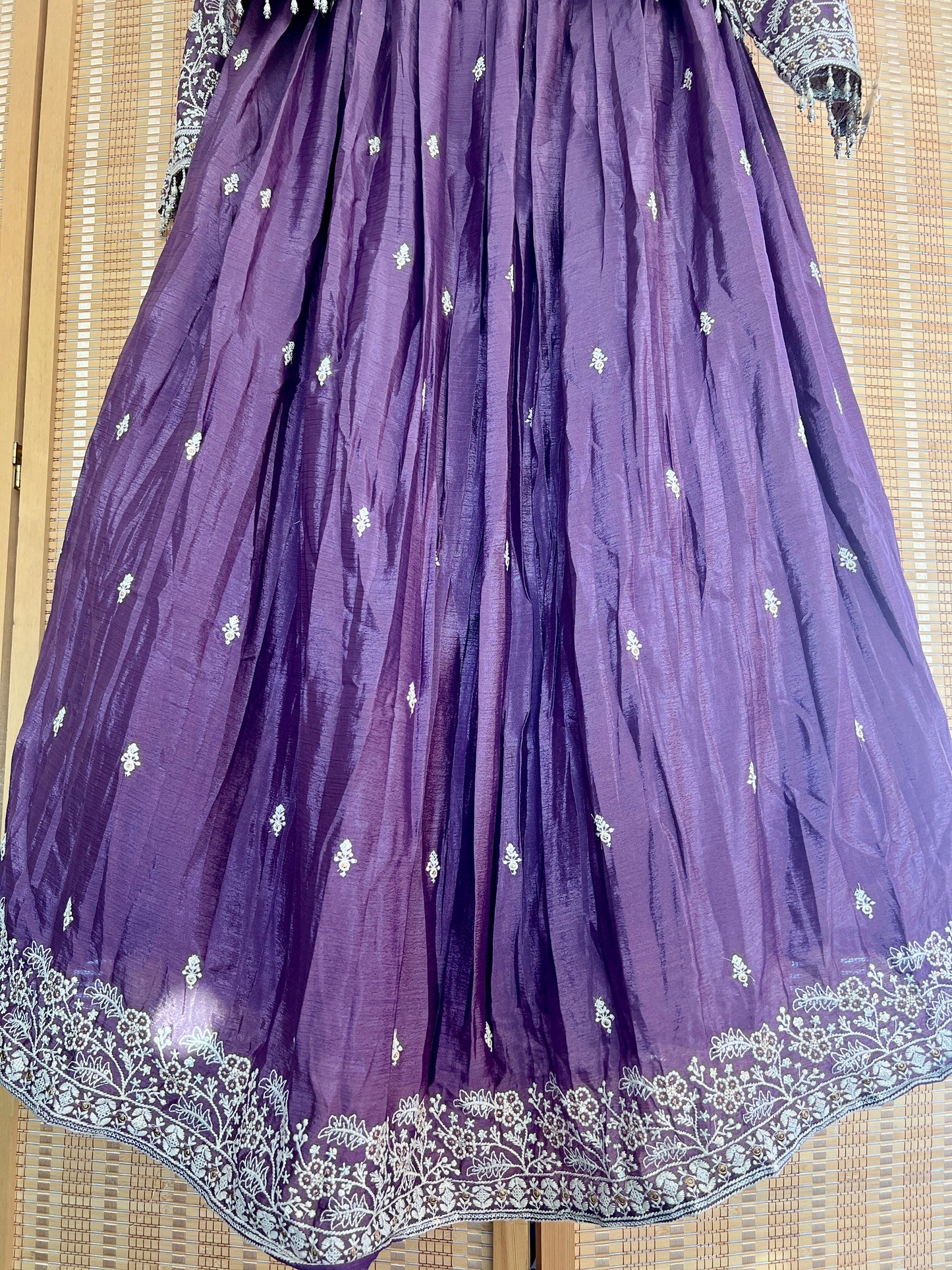 Lavender heavy embroidered crop top jacket partywear lehenga