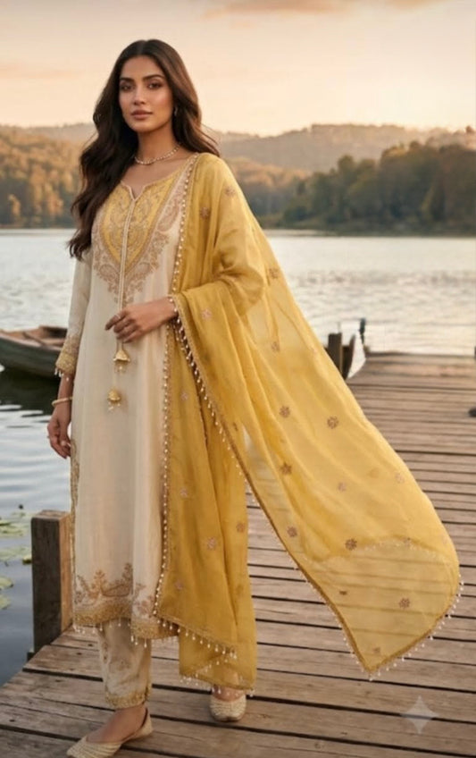 Yellow and off white heavy handwork suit