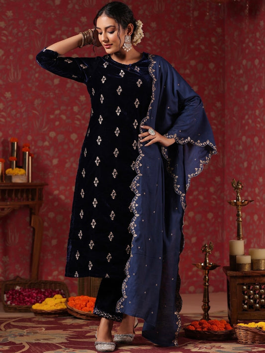 Navy Blue elegant sequin work velvet kurta set