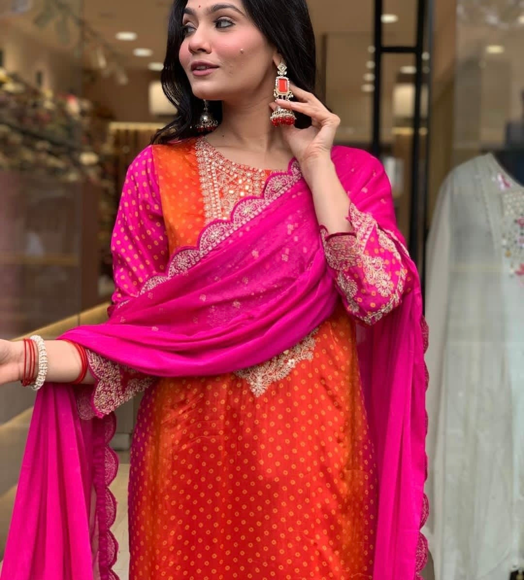 Hot pink and orange mirror yoke festive wear suit