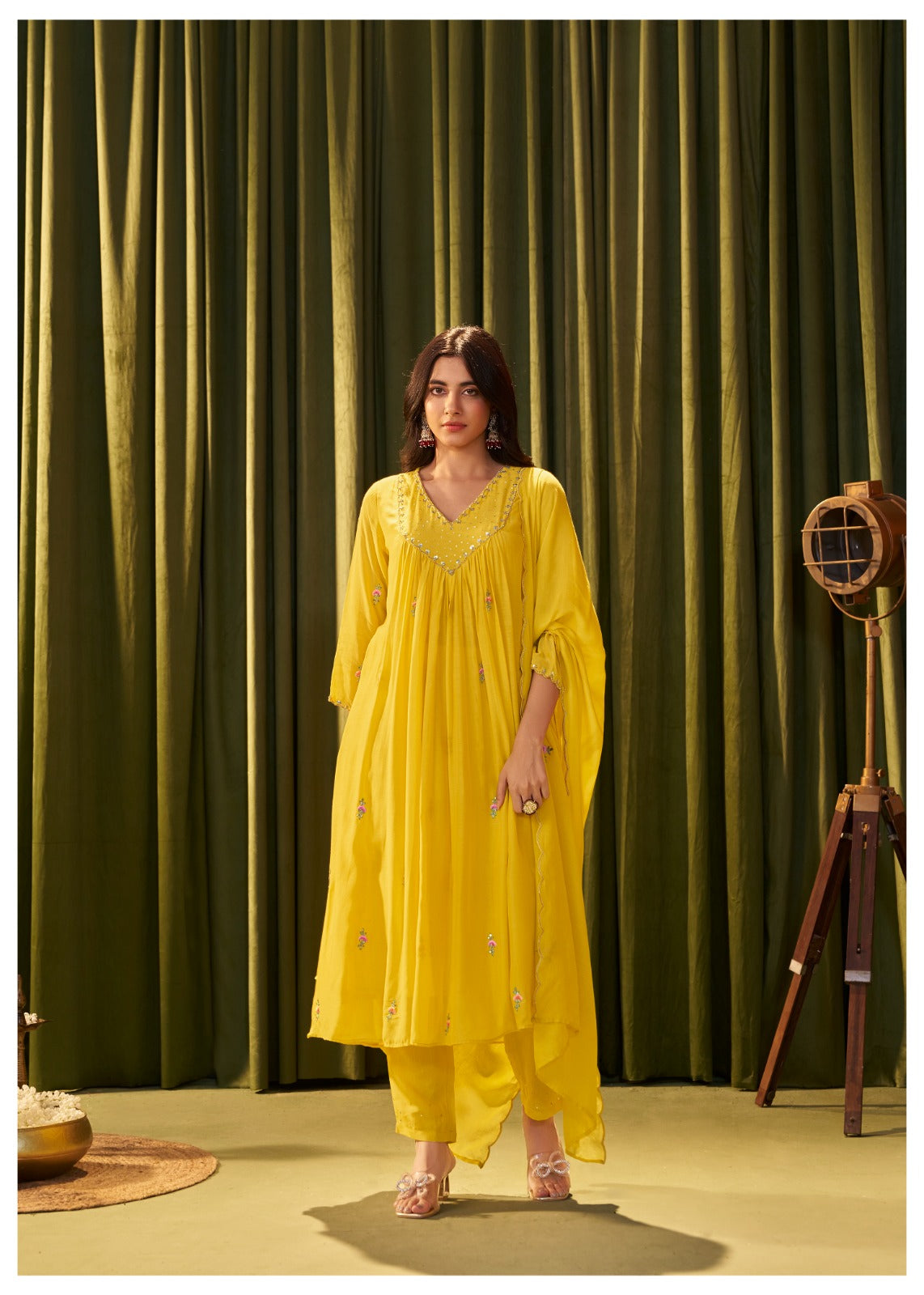 Yellow pure mul chanderi handwork yoke suit