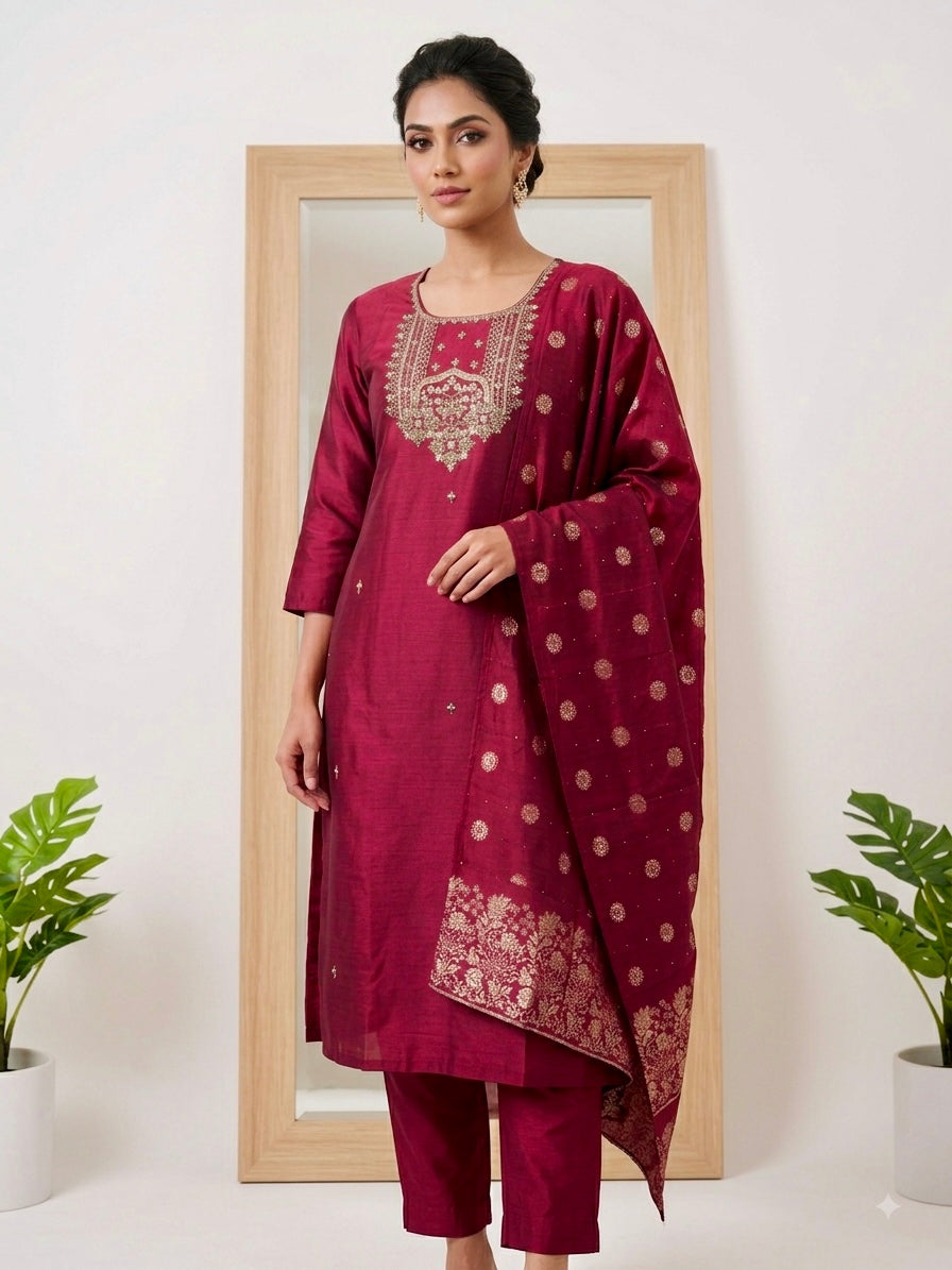 Deep red maroon silk kurta set