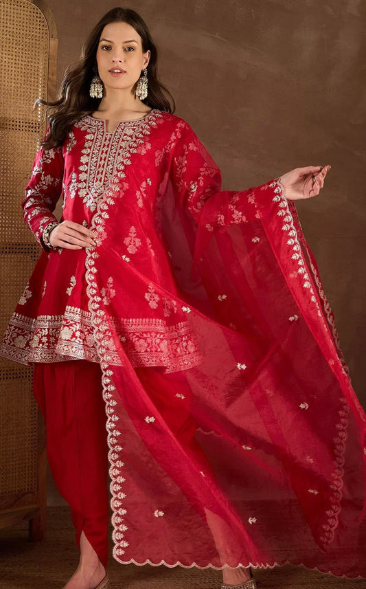 Red embroidered partywear short anarkali and dhoti set