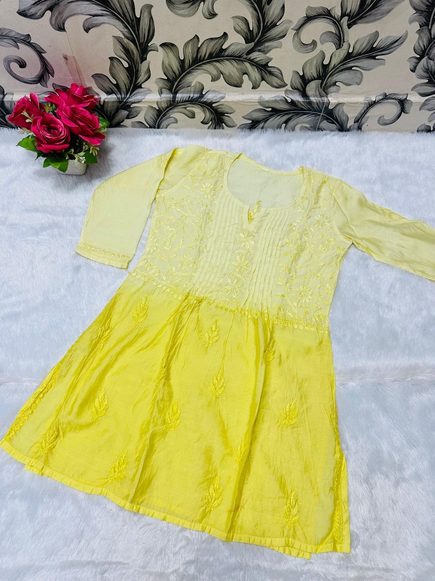 Yellow chikankari short nyra kurti