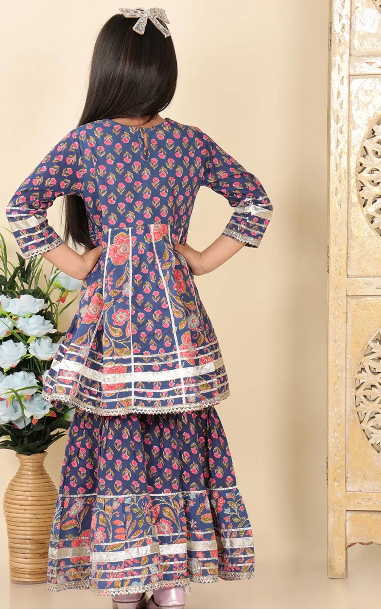 Girls Navy blue pure cotton floral beautiful sharara suit