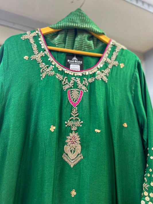 Green heavy jardoshi work silk anarkali kurta set tissue dupatta