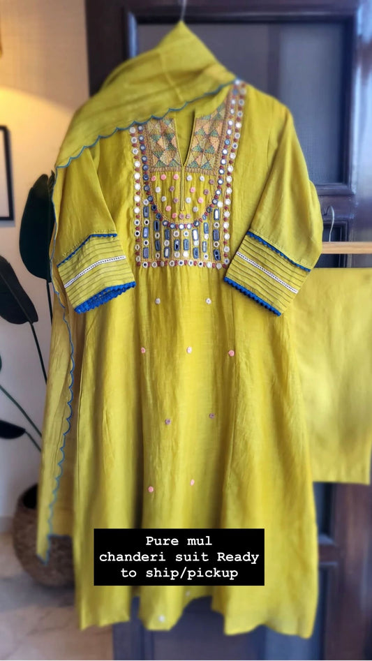 Green elegant mirror work pure mul chanderi suit