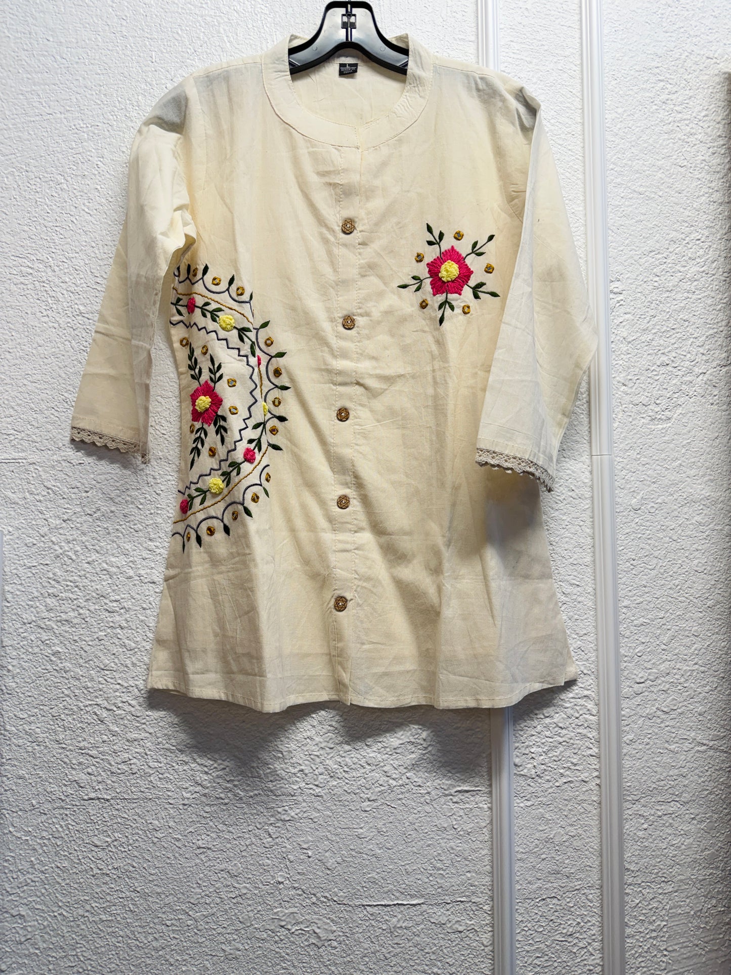 Off white cotton short kurti with embroidery and mirror work