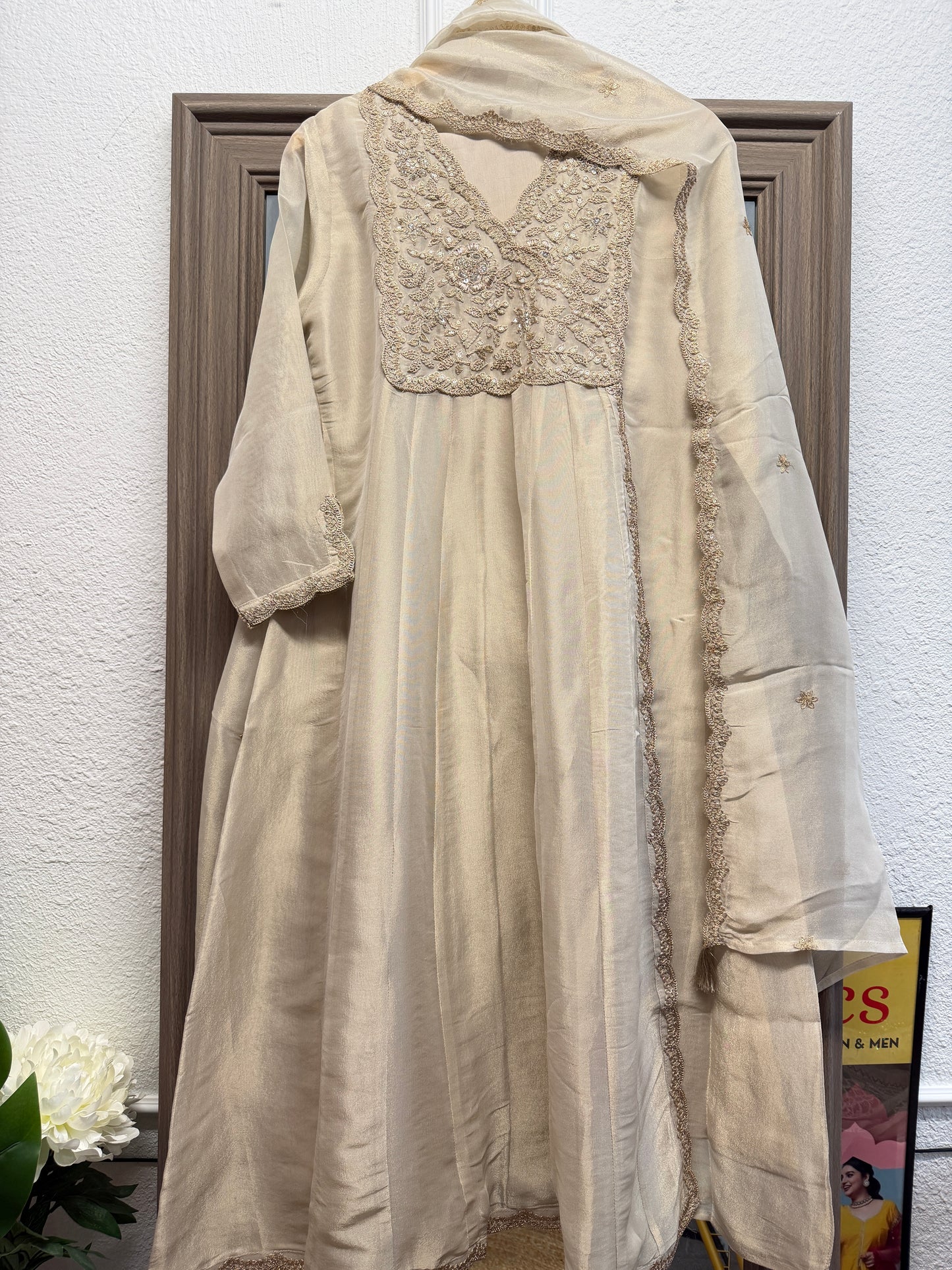 Ivory gold pure tissue elegant A line kurta set