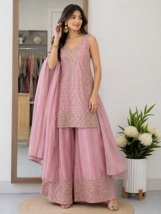 Pink chinnon silk handwork sharara suit (leight weight)