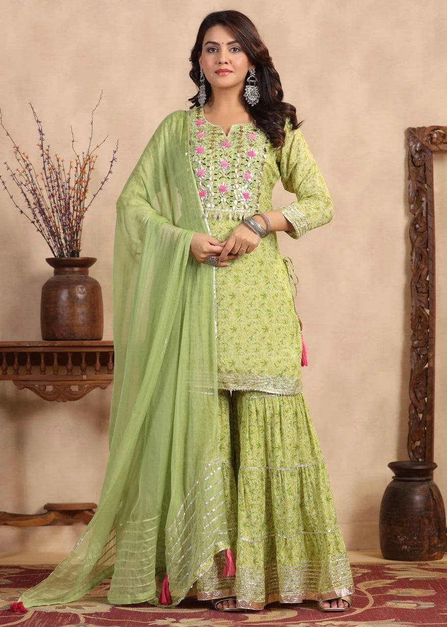 Parrot green heavy gota work premium fabric sharara suit