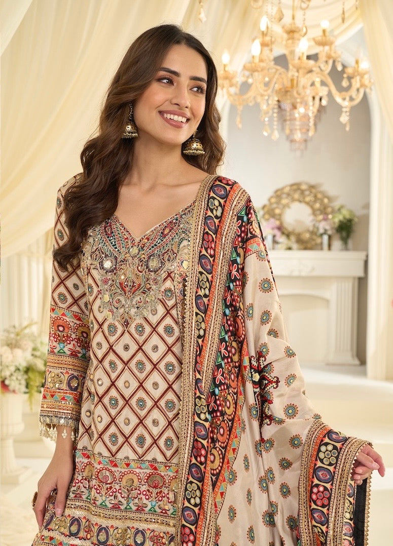 White with multicolor natural crepe sharara suit
