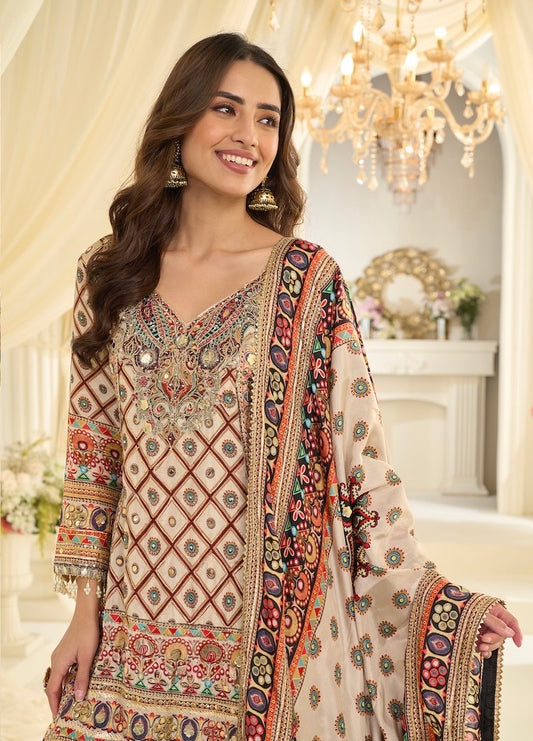 White with multicolor natural crepe sharara suit