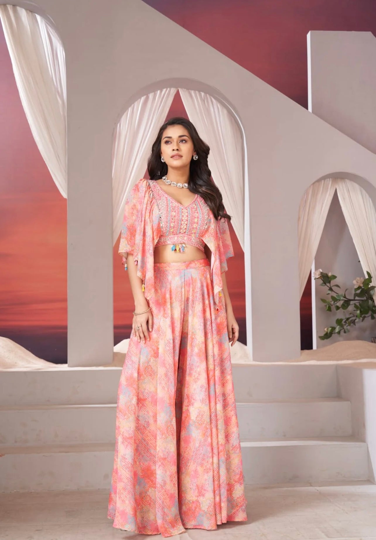 Peachish pink crop top palazzo dupatta set