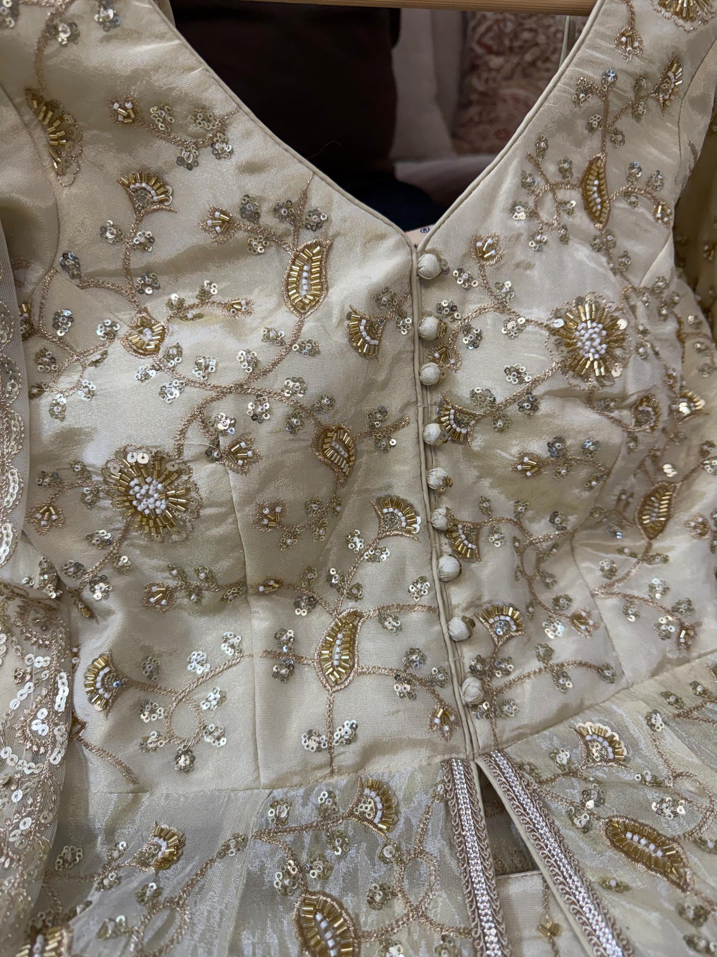 Golden heavy handwork tissue silk front slit lehenga