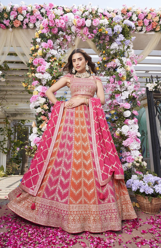 Hot pink orange heavy partywear lehenga