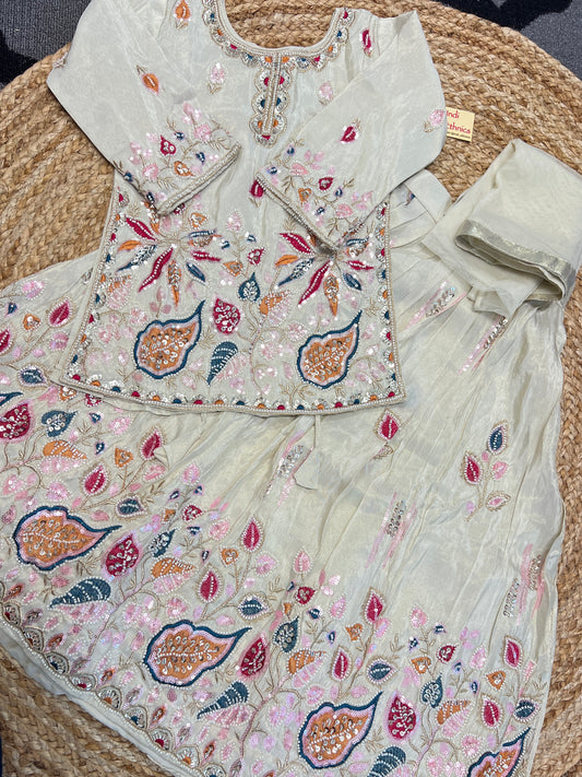 Girls Off white heavy handwork short top lehenga dupatta