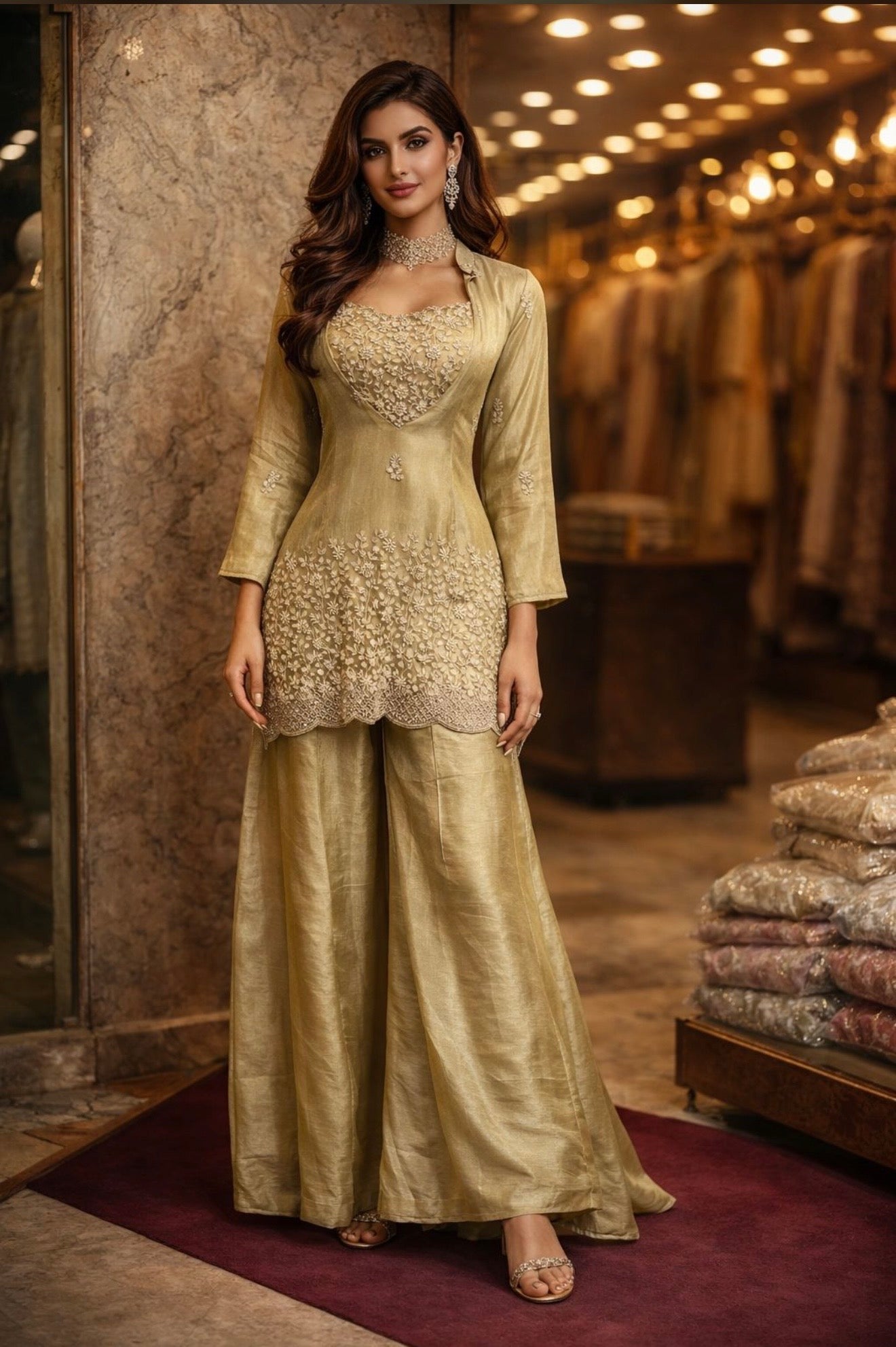 Pistachio heavy handwork crop top palazzo and jacket set partywear