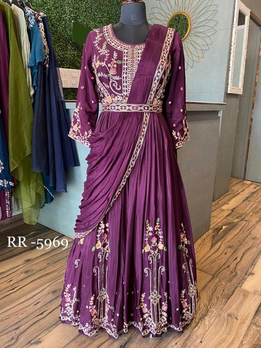 Dark purple wedding wear predraped saree