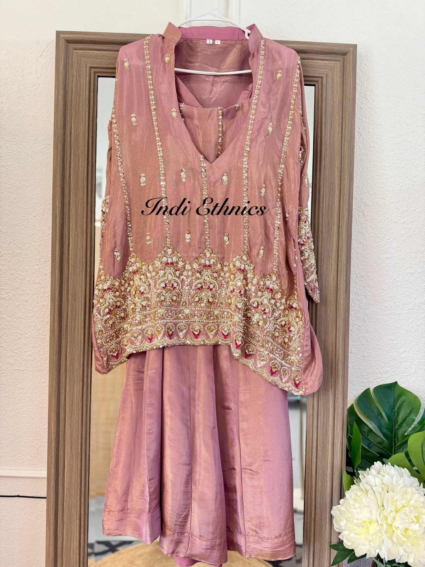 Onion pink tissue heavy handwork bustier style co-ord set