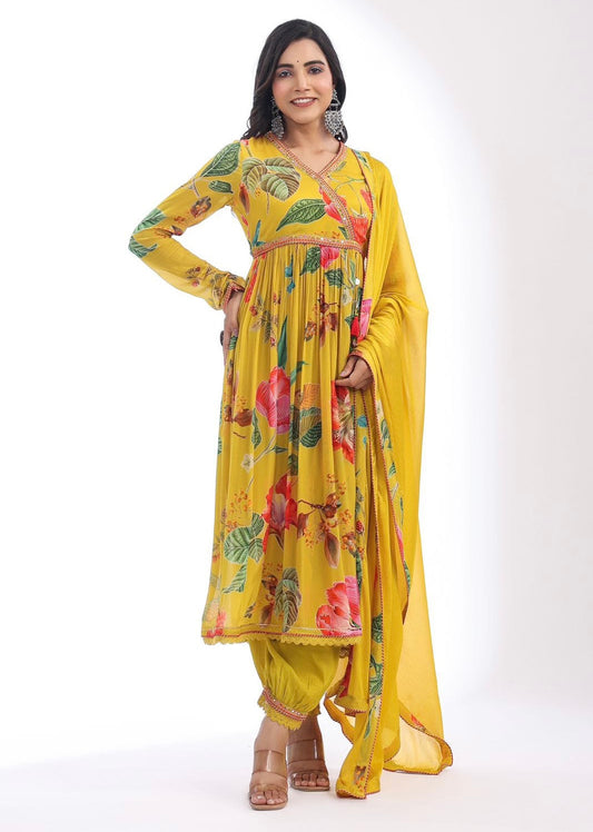 Yellow elegant Angrakha Kurta set