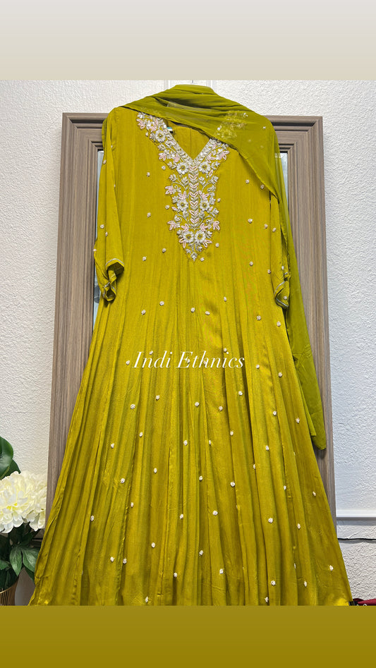 Parrot green beautiful handwork anarkali kurta pants dupatta set